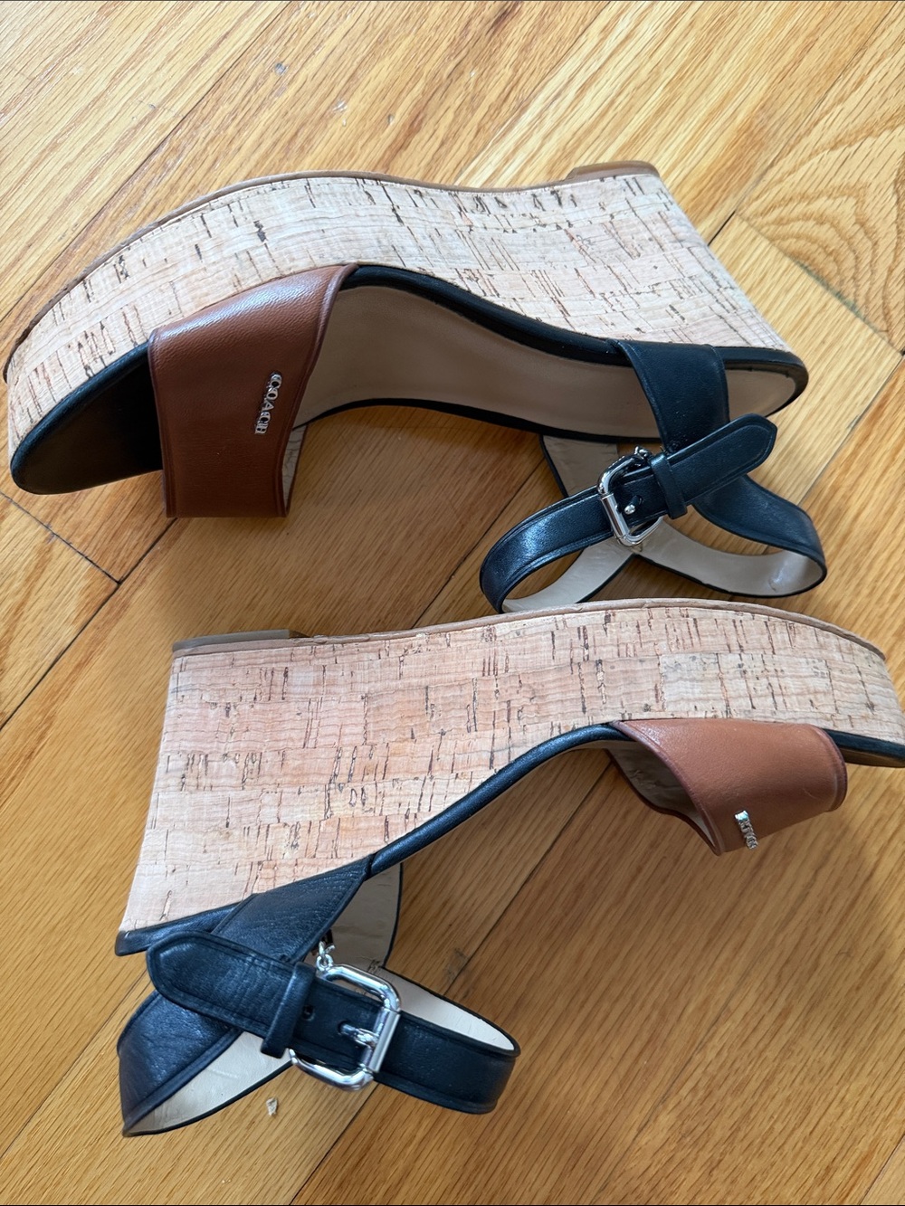 Coach Two-Tone Brown & Black Leather Wedge Sandals - Picture 3 of 5